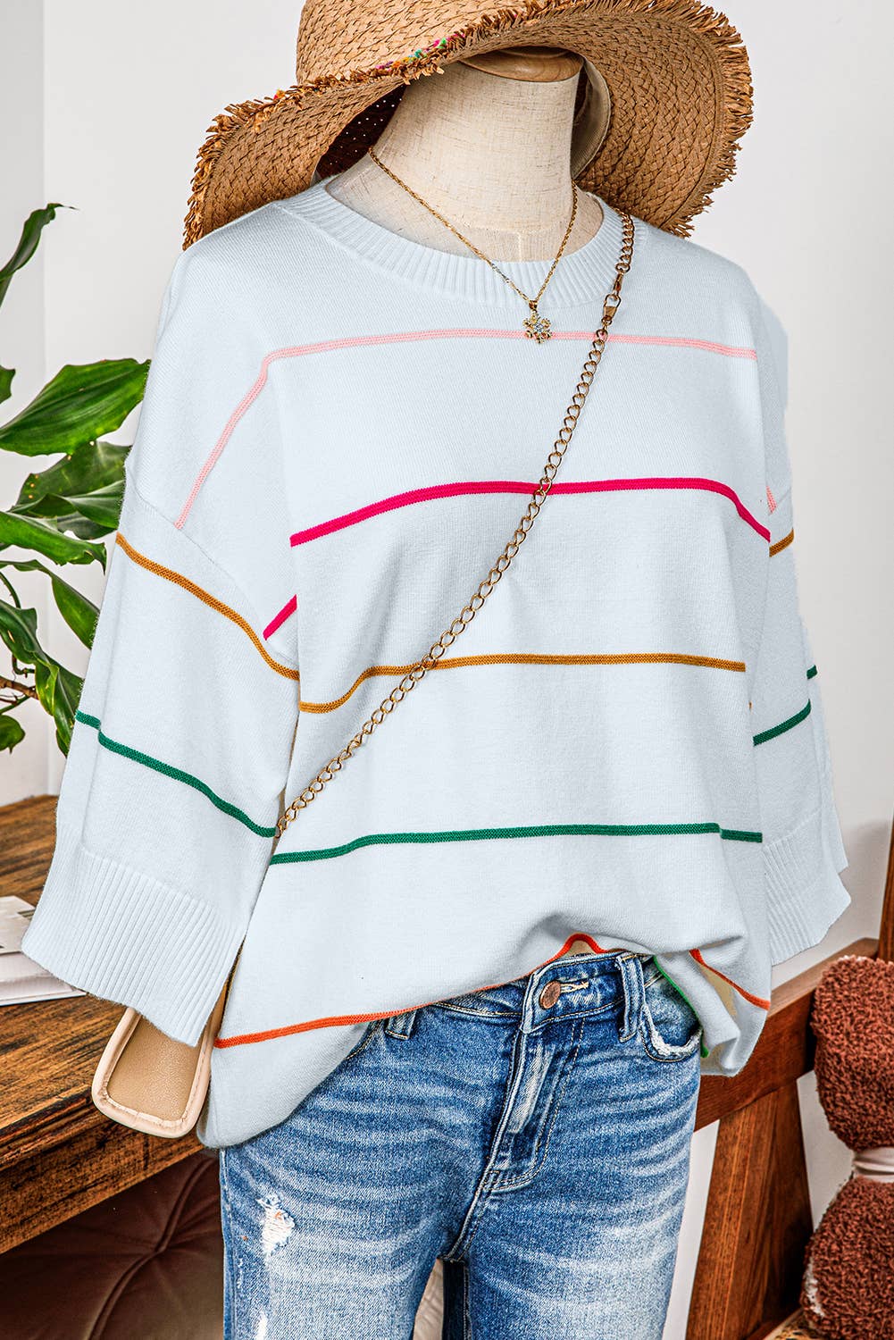Ldc Colorblock Striped Half Sleeve Drop Shoulder Sweater