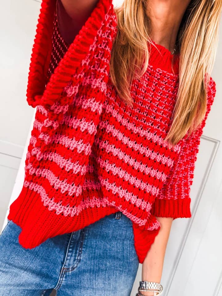 Stripe 3/4 Draped Sleeve Slouchy Sweater