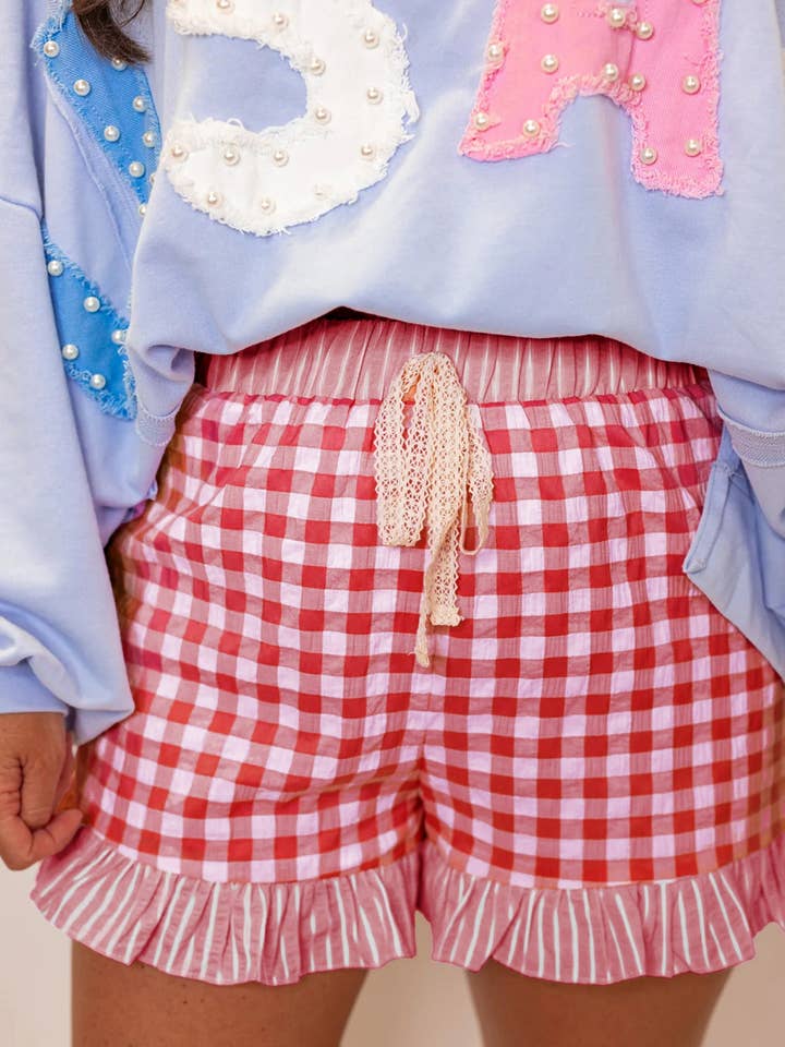 Gingham Print Ruffle Striped Detail Lace Tie Shorts