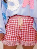 Gingham Print Ruffle Striped Detail Lace Tie Shorts