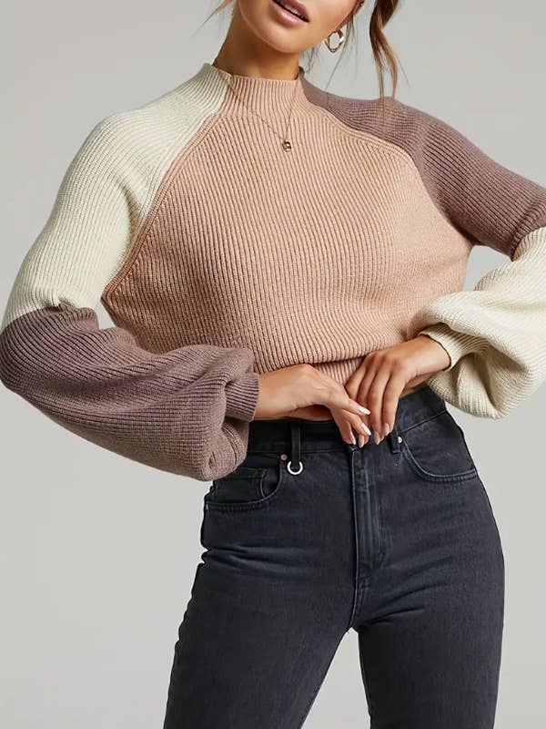 Color Block Mock Neck Raglan Sleeve Crop Sweater