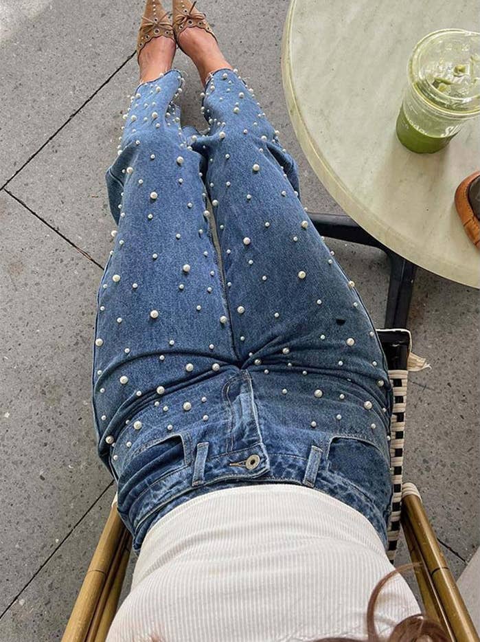 Irregular Waist Beaded Pearl Straight Jeans