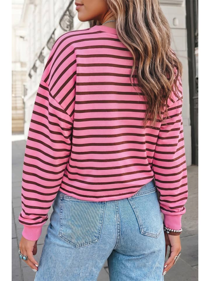 Striped Print Drop Shoulder Western Pullover Top | S-Xl