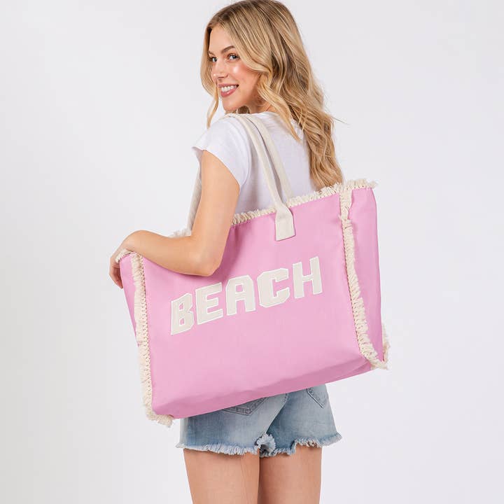 Bold Beach Letter Embroidered Fringe Tote Bag