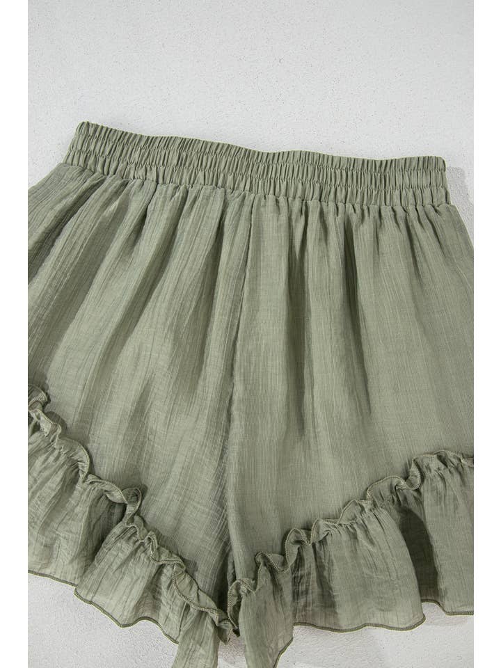 Textured Tie Waist Ruffle Hem Shorts
