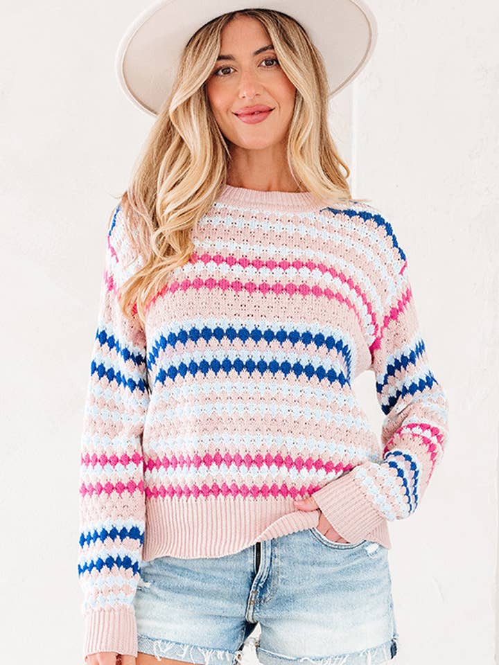 Stripe Eyelet Knit Drop Shoulder Sweater