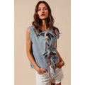 Tie Front Washed Denim Vest Top with Scalloped Edges