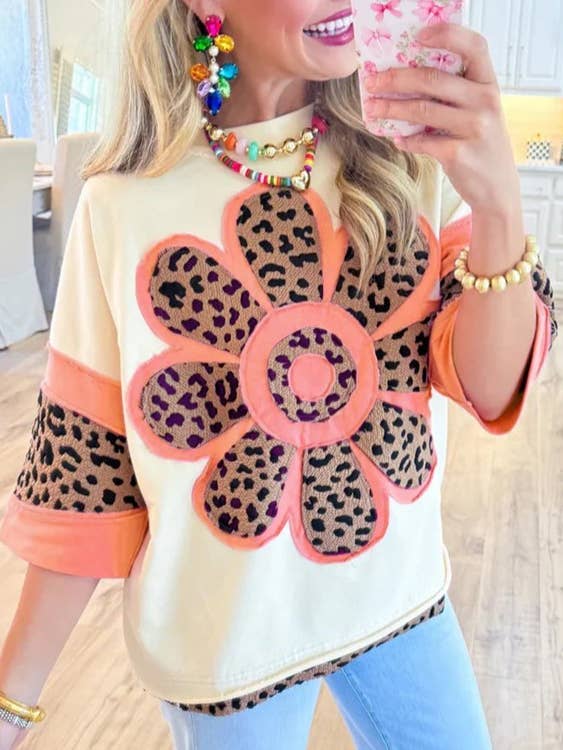 Leopard Flower Patch Top Retro Chic Tee