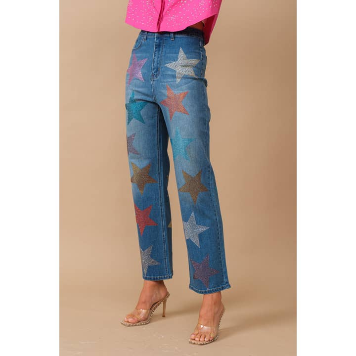 Star Rhinestone Embellishment Straight Leg Jeans