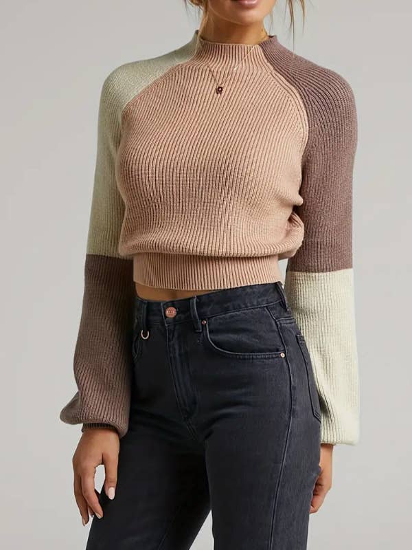 Color Block Mock Neck Raglan Sleeve Crop Sweater