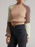 Color Block Mock Neck Raglan Sleeve Crop Sweater