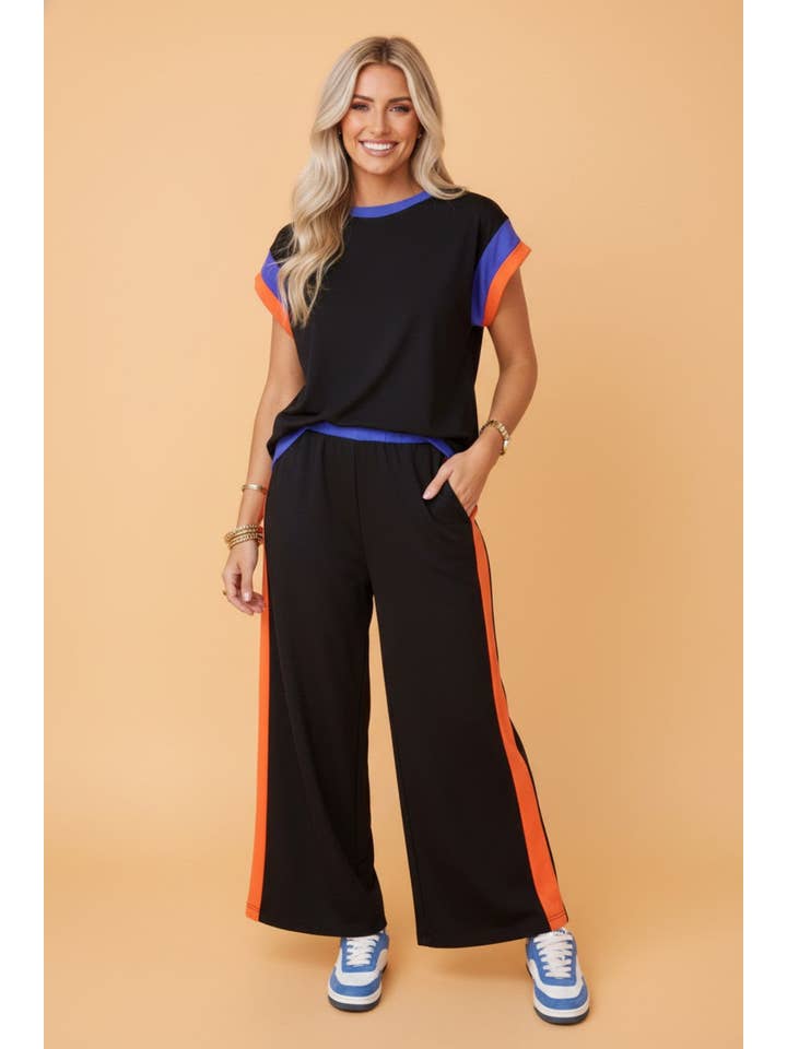 PRETTY BASH Colorblock Top & Wide Leg Pants Set