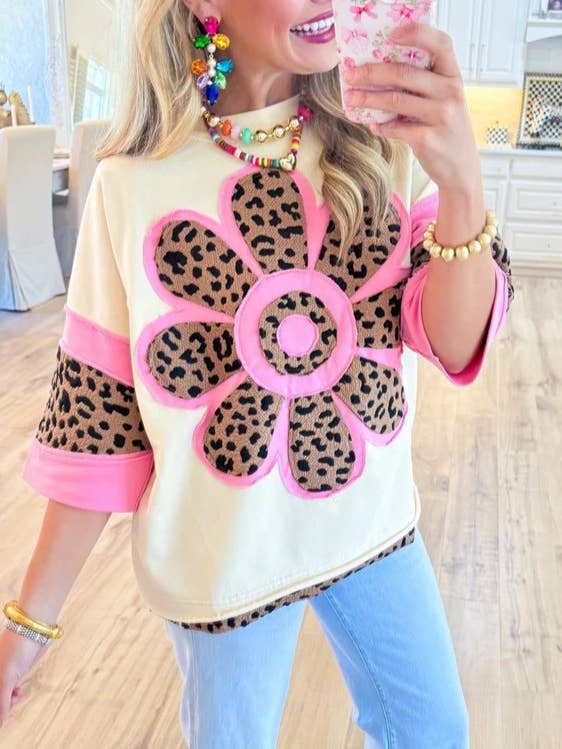 Leopard Flower Patch Top Retro Chic Tee