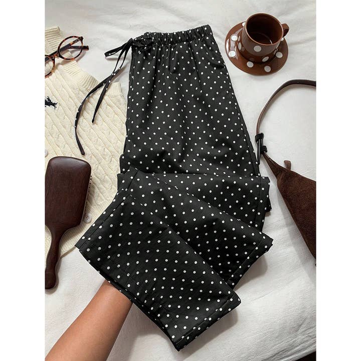 Polka Dot Drawstring Elastic Waist Wide Leg Pants ASJP179