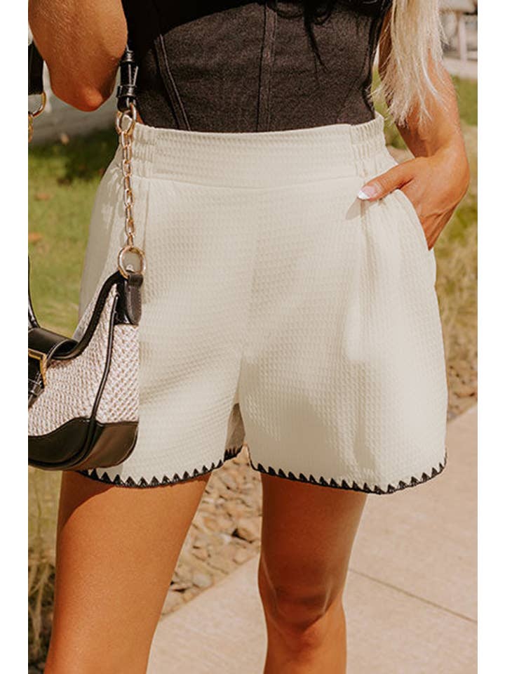 Waffle Texture Contrast Ricrac Hemline Casual Shorts