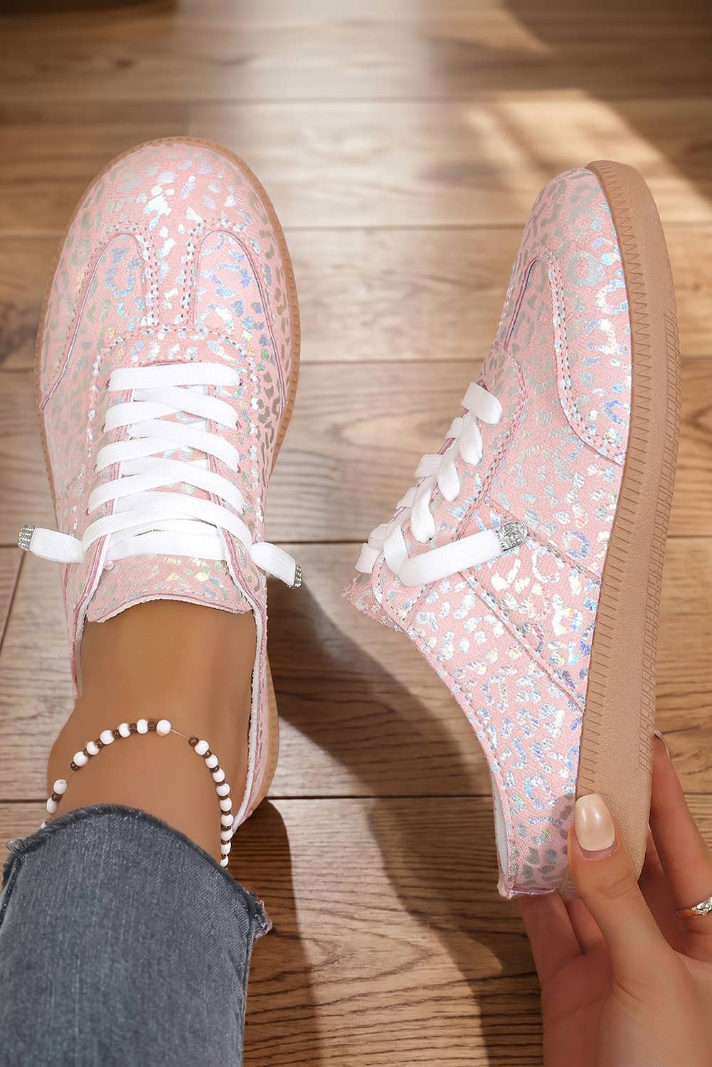 Shiny Leopard Print Lace Up Slip On Shoes