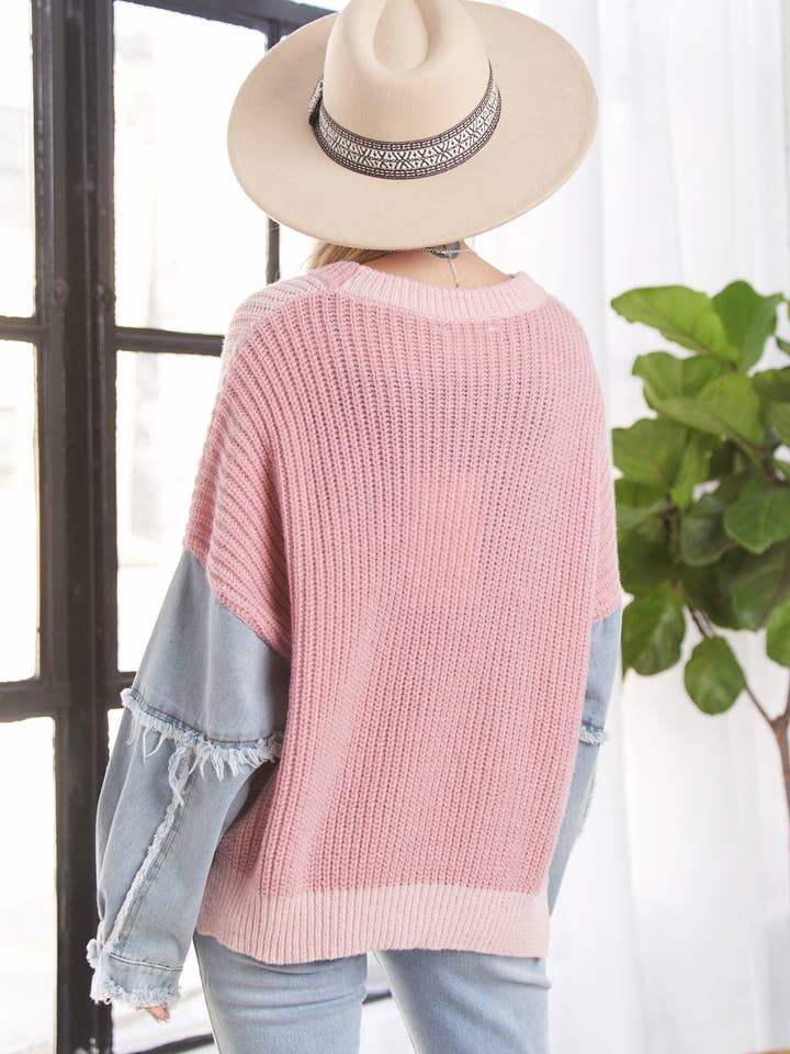 LESW3192 - Frayed Denim Sleeve Sweater Top