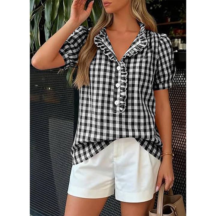 Plaid Puff Sleeve Ruffle Collar Button-Up Shirt ASJP164