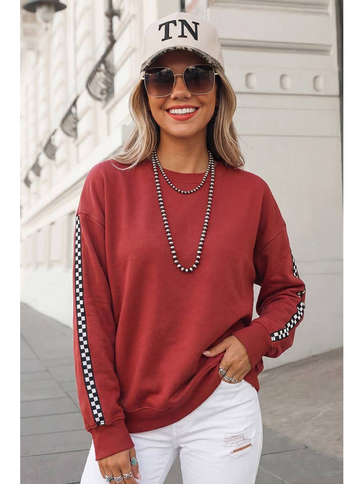 Plaid Print Sold Round Neck Ribbed Cuff Sweatshirt | S-Xl