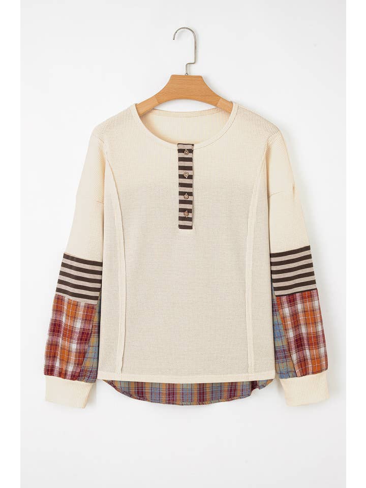 Stripe Plaid Patchwork Waffle Knit Henley Top