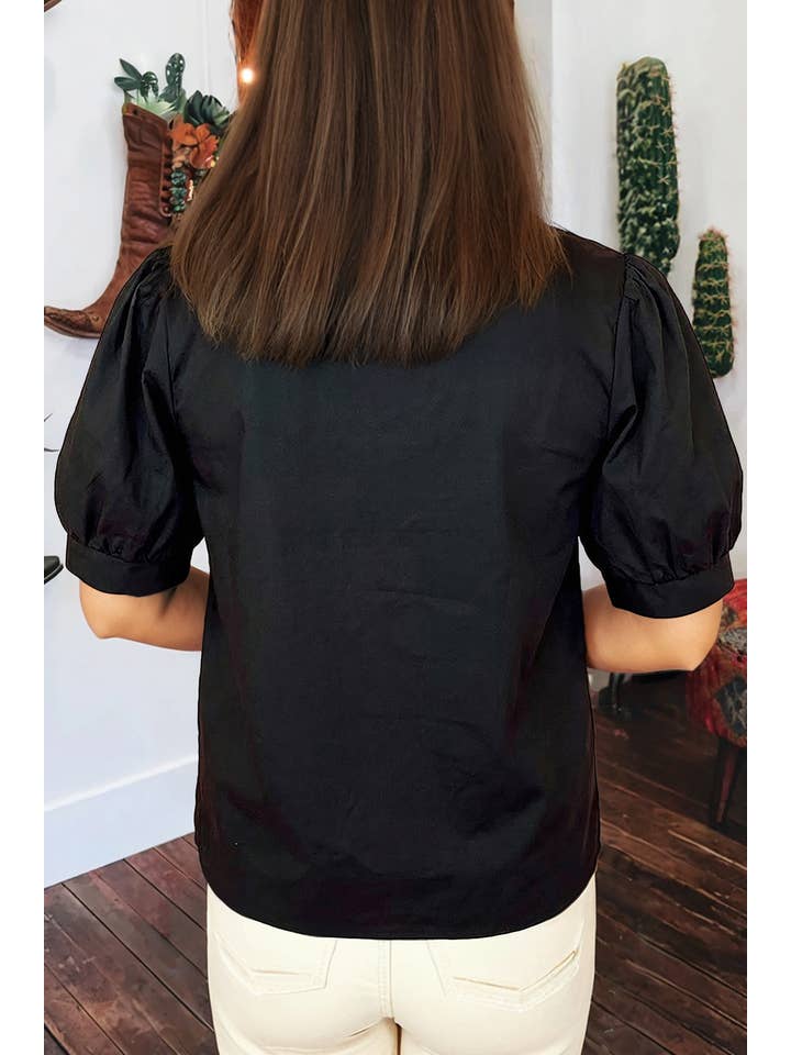 Western Puff Sleeve Contrast Embroidered Detail Blouse