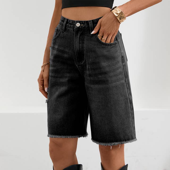 Distressed Frayed Tassel Knee-Length Denim Shorts MN125