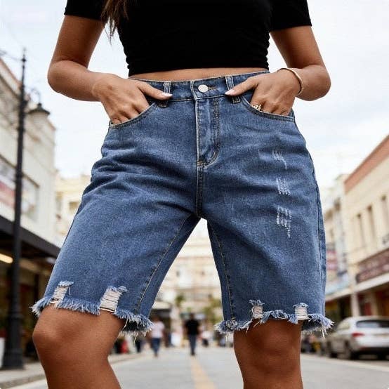 Women Ripped Denim Frayed Tassel Knee Length Shorts