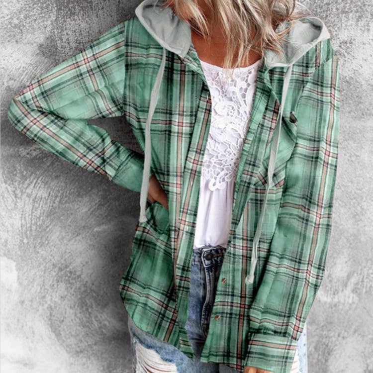Casual Hooded Colorblocked Plaid Jacket