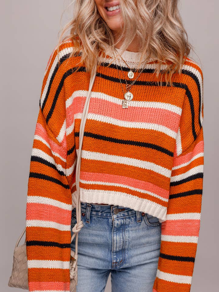 Orange Stripe Drop Shoulder Cropped Pullover Sweater