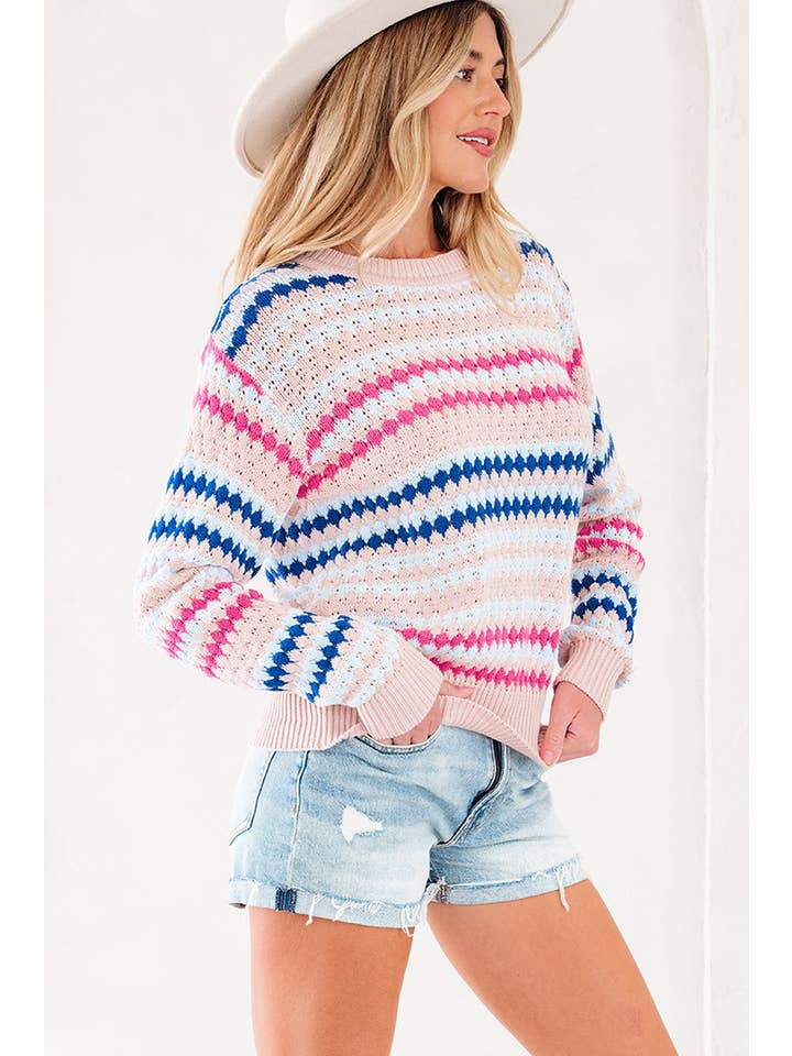Stripe Eyelet Knit Drop Shoulder Sweater