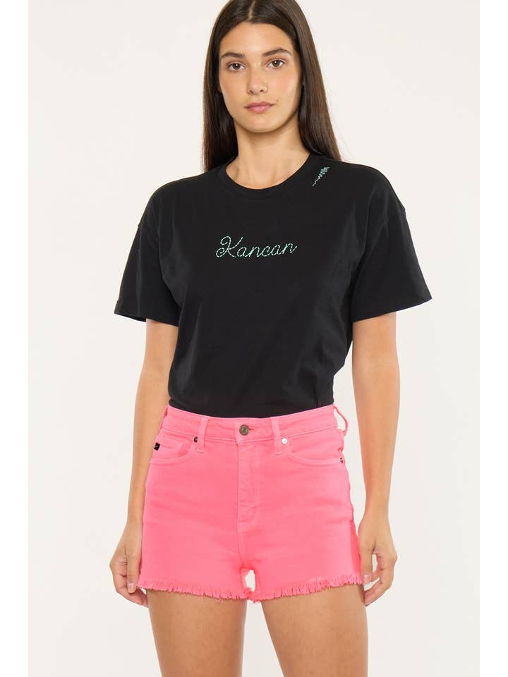 High Rise Neon Pink Denim Shorts