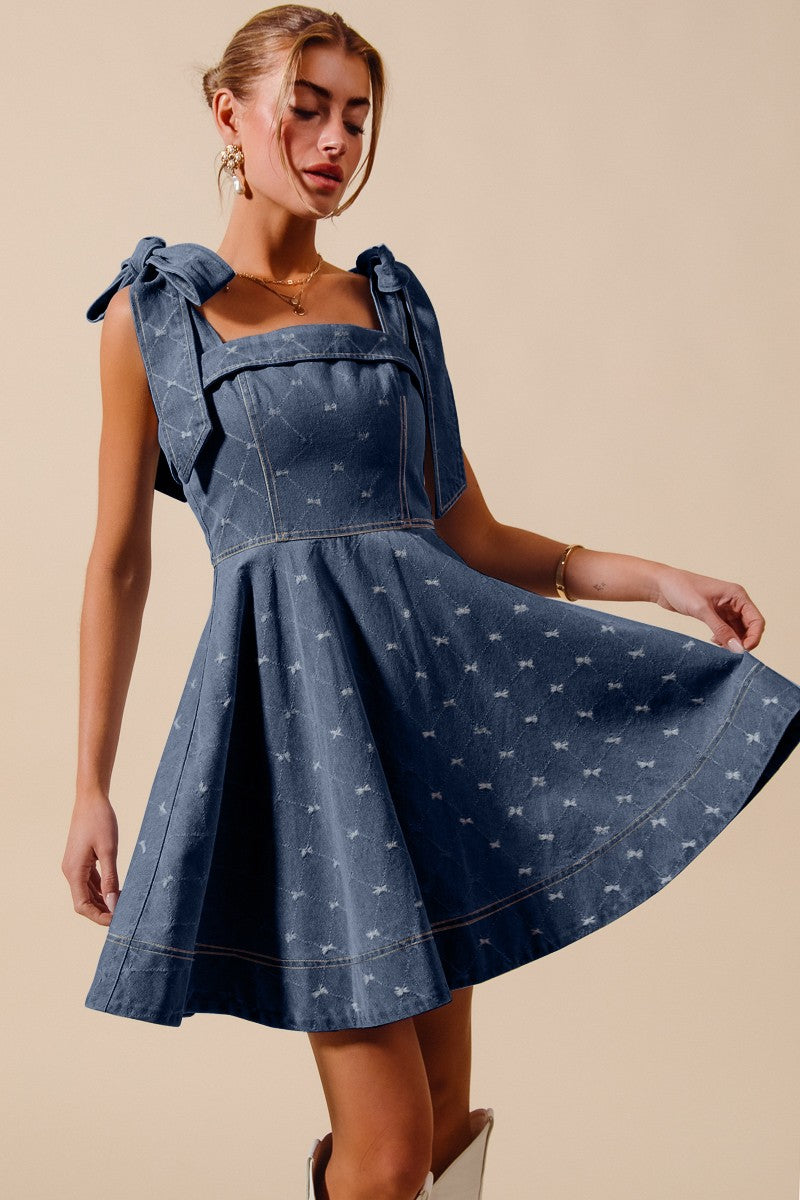 A Line Fit And Flare Diamond Bow Ribbon Denim Dres