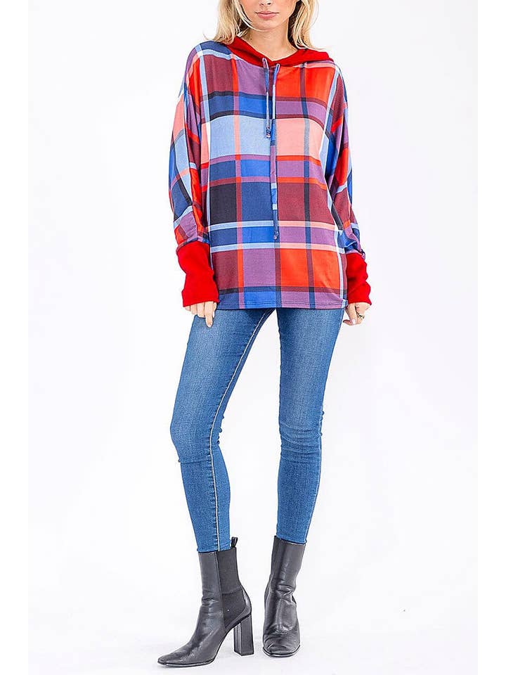 Long Sleeve Colorblock Hooded Plaid Top