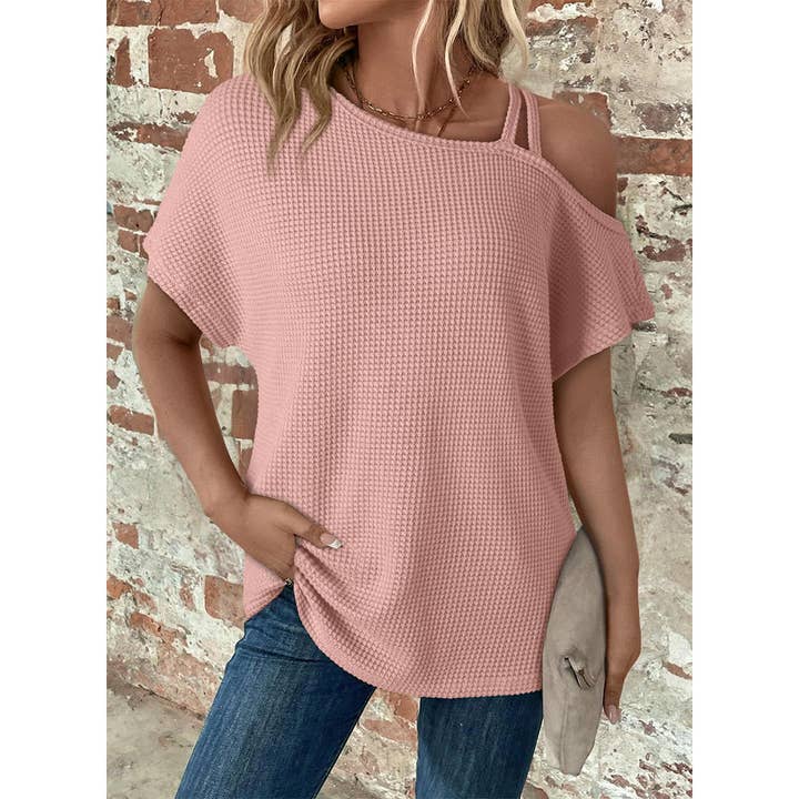 Short Sleeve Color Versatile Off-Shoulder Knit Top AXY048