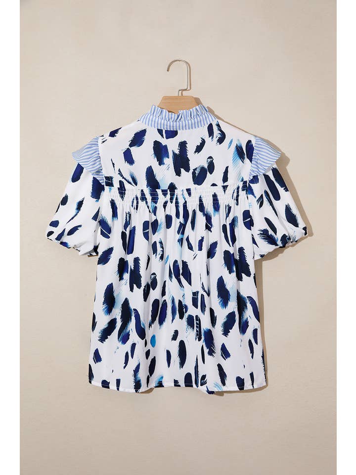 Ldc Abstract Animal Print Striped Ruffle Trim V Neck Blouse