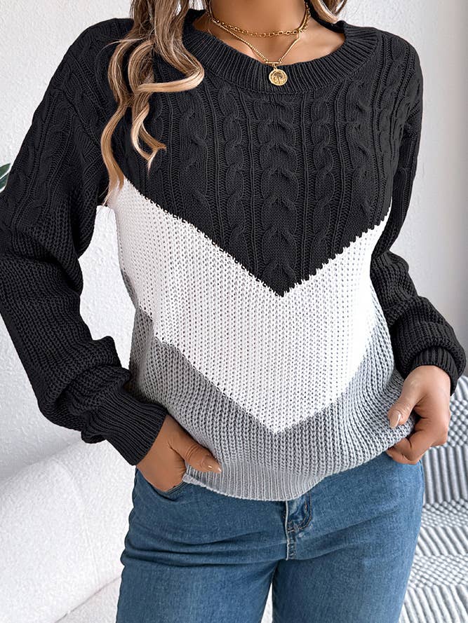 Colorblock Cable Knitting Sweater BJS179