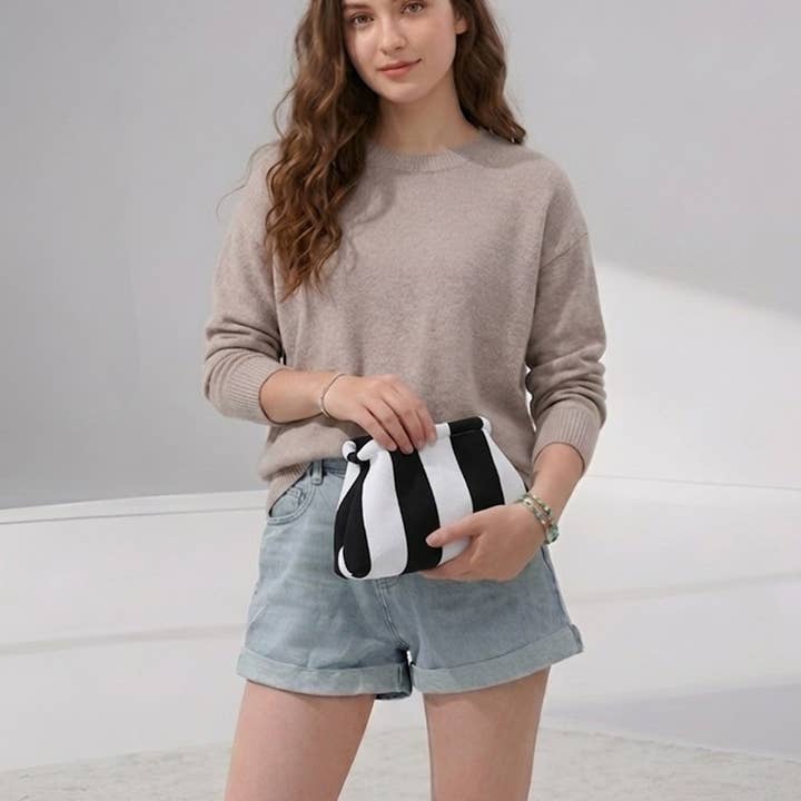 Striped Clasp Clutch Makeup Bag