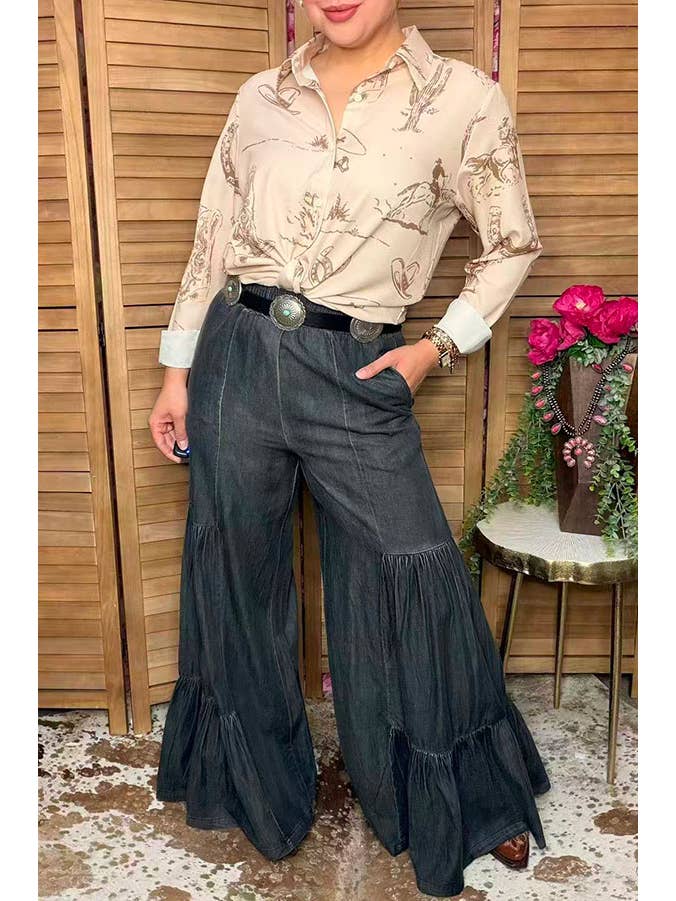 Western Denim Jeans Wide Leg Women's Boutique Pant XCH17096