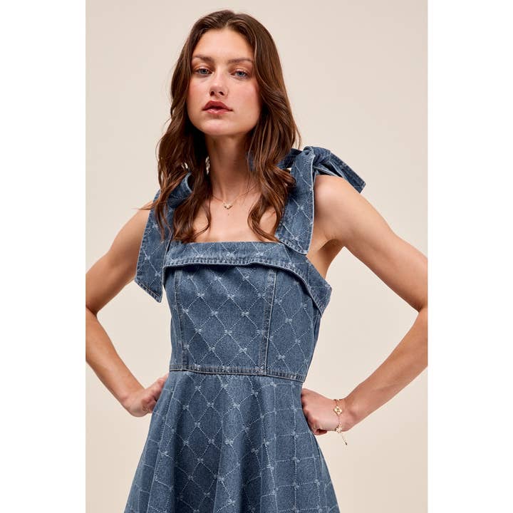 A Line Fit and Flare Diamond Ribbon Denim Dress