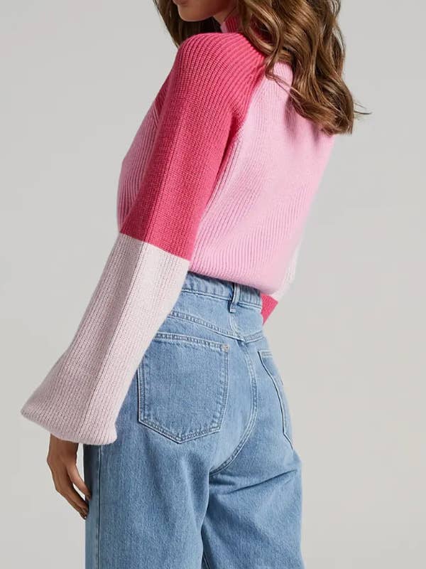 Color Block Mock Neck Raglan Sleeve Crop Sweater