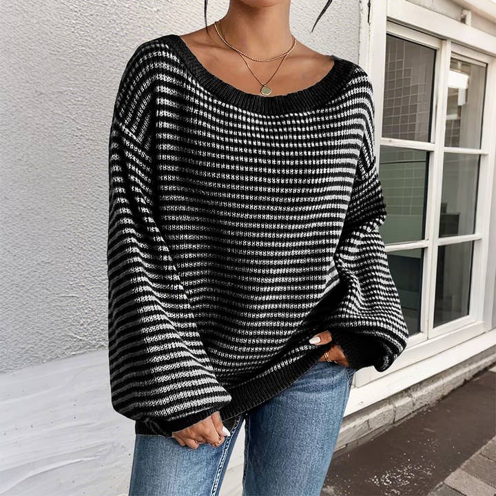 Drop Shoulders Round Neck Striped Pullover Sweater ZK3688
