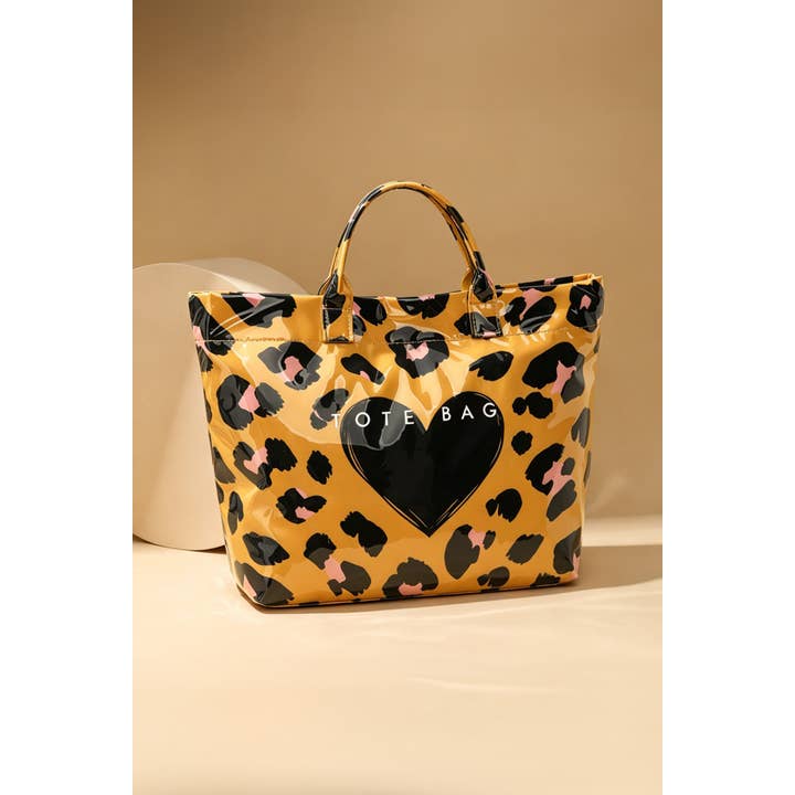 Leopard Print Pvc Tote Bag with Heart Design For All Seasons