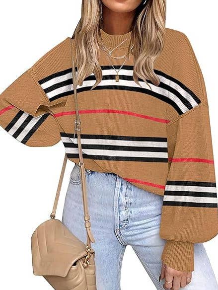 Retro Cozy Multi Striped Lantern Sleeves Knit Sweater