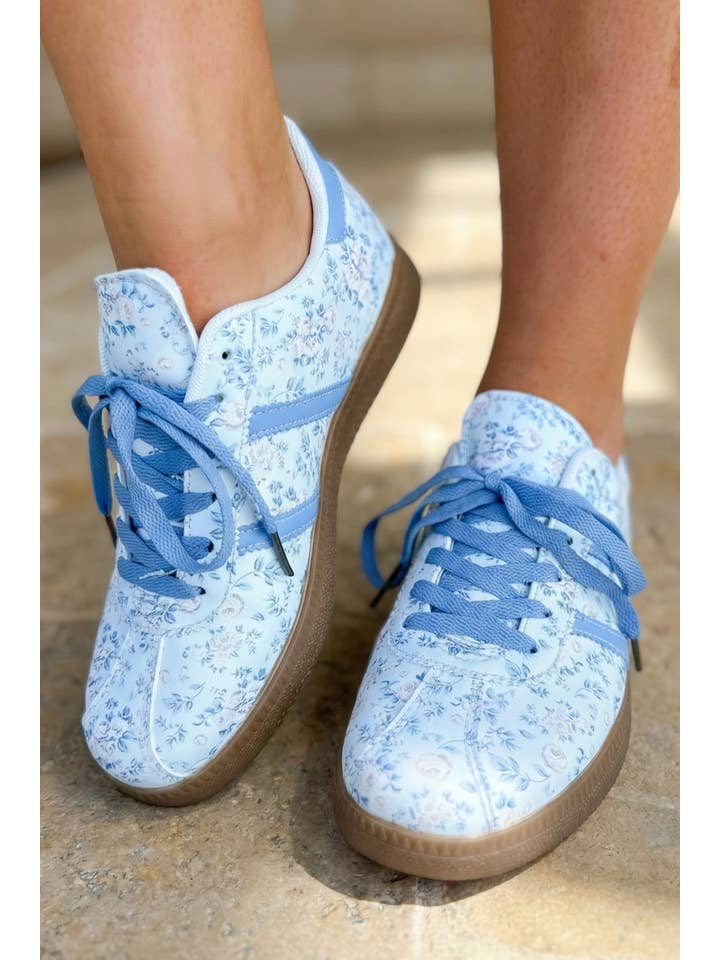 Ldc Floral Print Lace-Up Pu Leather Flat Shoes