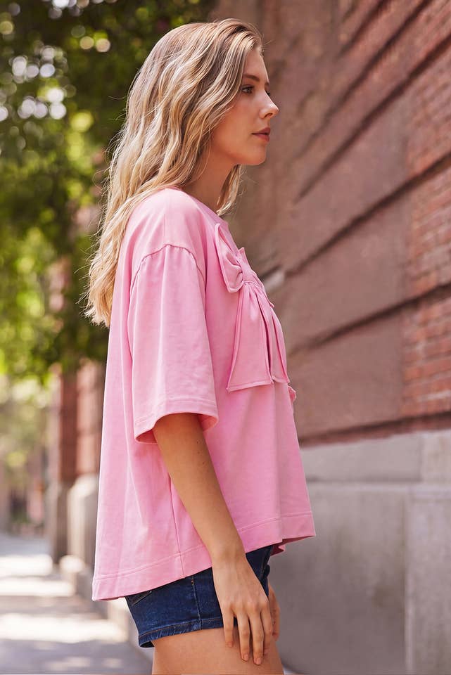 Summer Solid Color Raw Edge Bow Patch Loose T Shirt