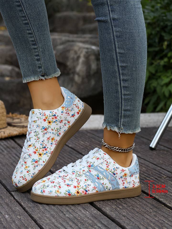 Ldc Fresh Floral Print Color Block Detail Lace Up Shoes