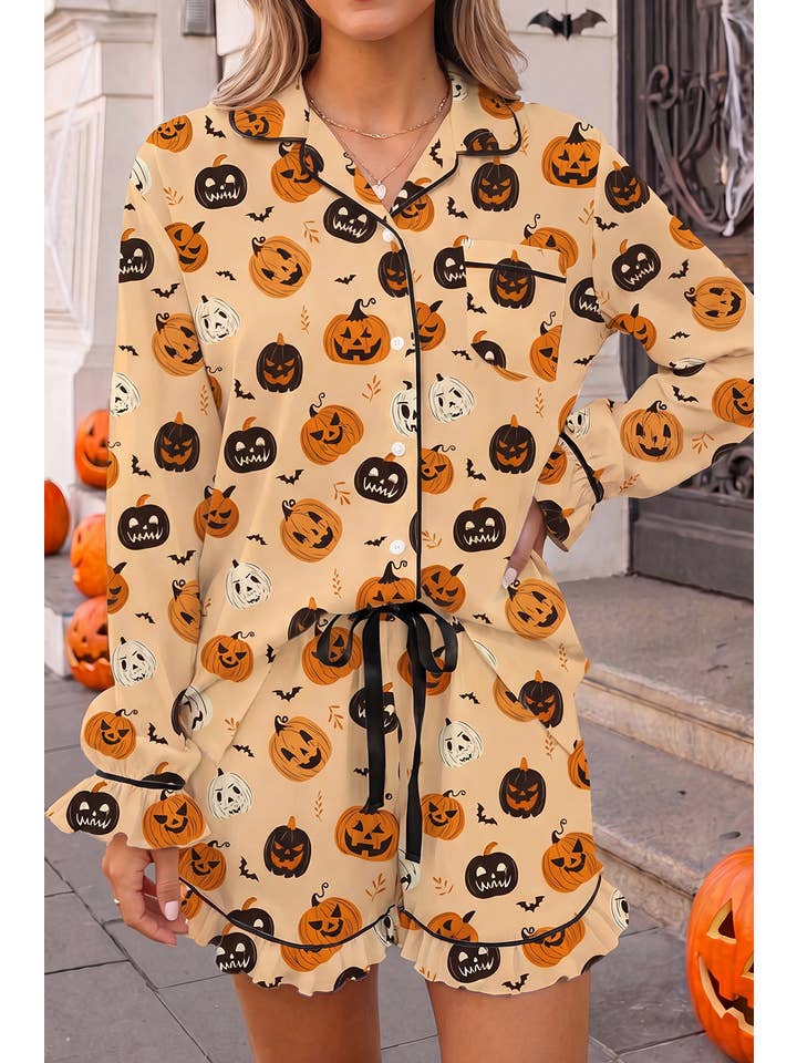 Pumpkin Face Print 2pcs Halloween Shorts Set | S-Xl