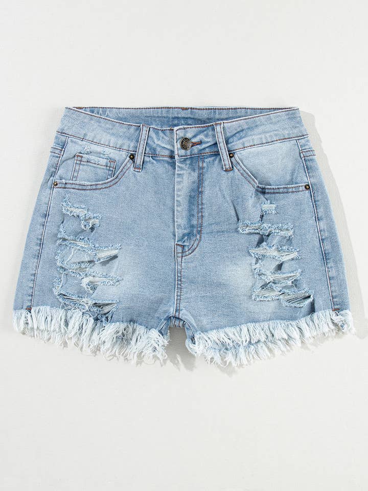 Light Blue Distressed Ripped Raw Hem High Waist Denim Shorts