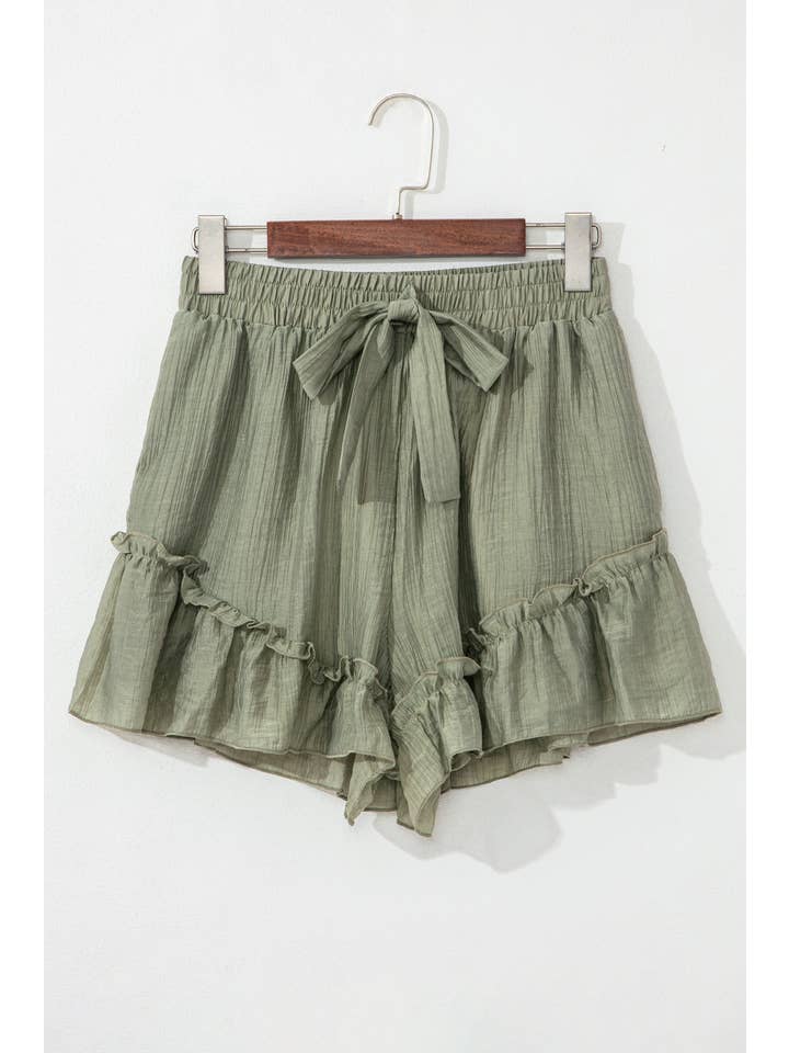 Textured Tie Waist Ruffle Hem Shorts