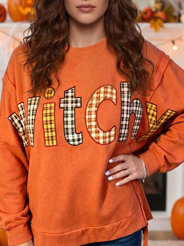 Flamingo Halloween Witchy Plaid Slogan Embroidered Tunic Sweatshirt
